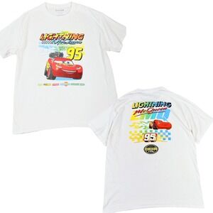 Pixar CARS Lightning McQueen T-Shirt L White Racing Double Sided Graphic Tee